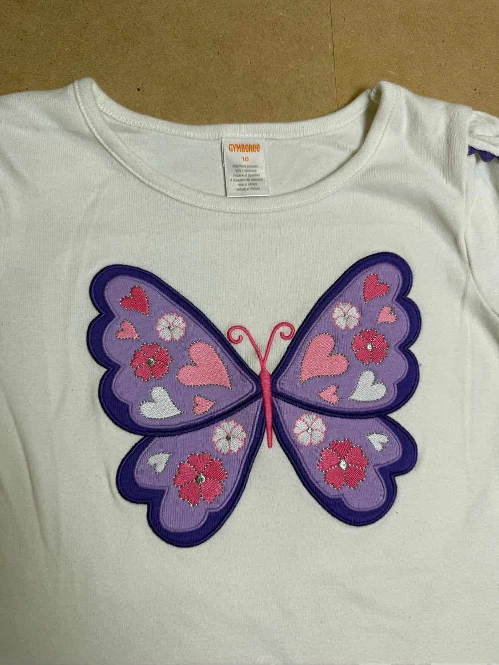 Gymboree Girls Size 10 Butterfly Appliqué White Ruffle Sleeve Top